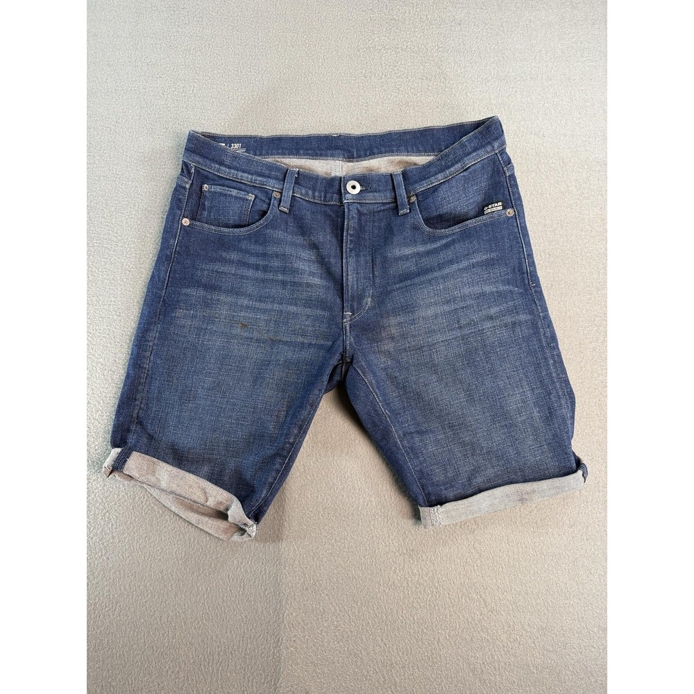 G-Star RAW 3301 Slim Shorts Mens 36 Blue Denim Stretch 11 Inseam Casual